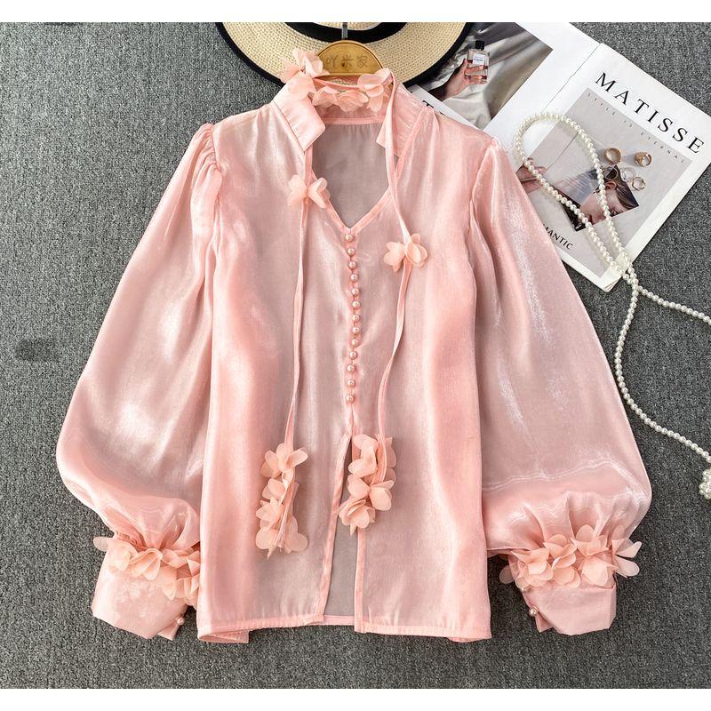 

Lantern Long Sleeve V Neck Gloss Casual Top Pullover Pink One size