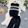 Set Haine de Vară pentru Femei Tricou Tricotat și Pantaloni Două Piese Mânecă Scurtă Gât O Pulover cu Dungi Topuri și Costum Pantaloni cu Picior Larg