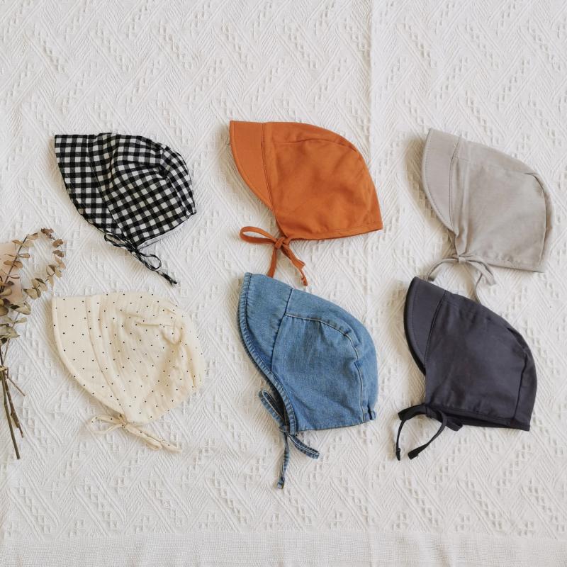 Summer Wide Brim Sun Hat For Baby Girl Solid Plaid Dot Bucket Hats Soft Cotton Toddler Baby Lace-up Cap