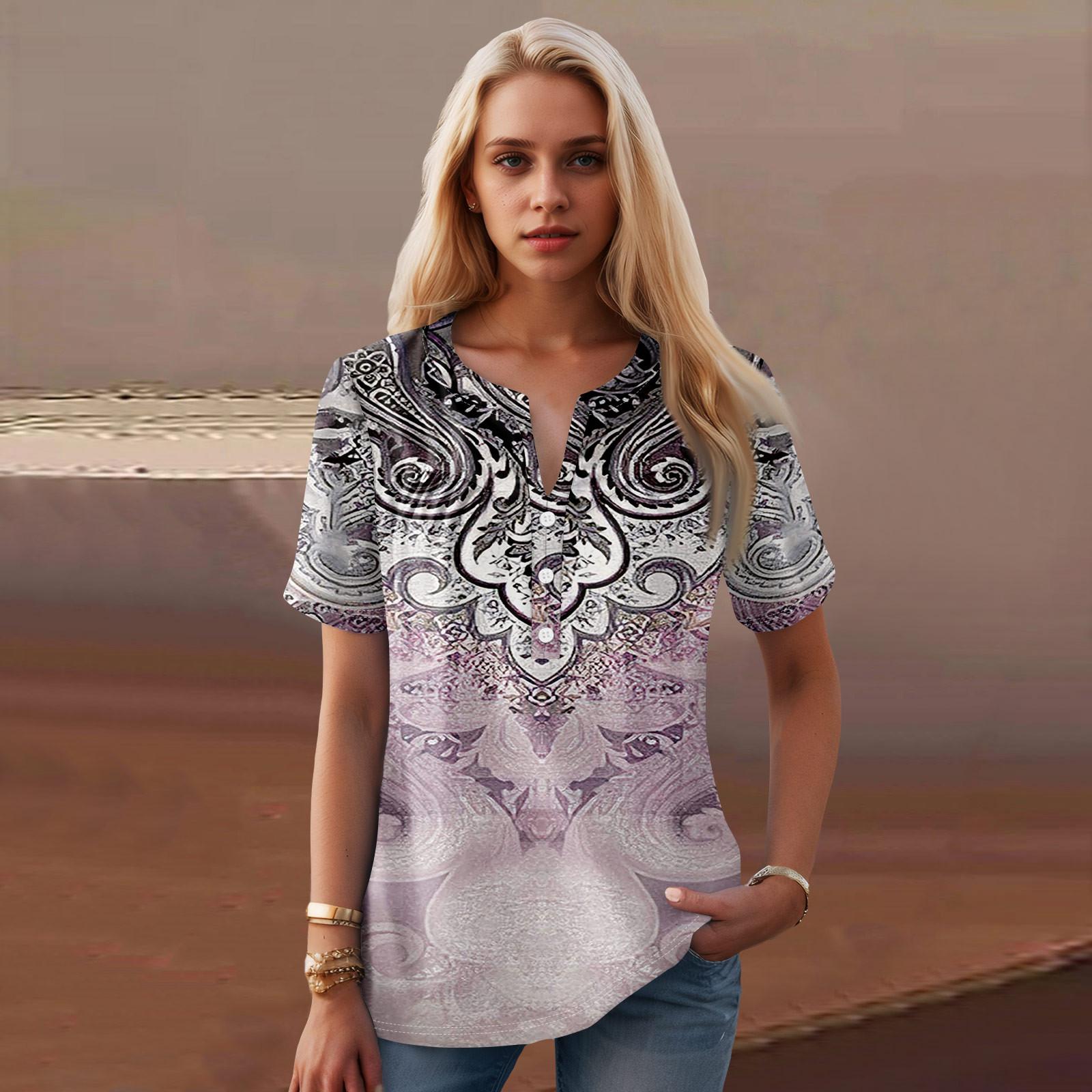 

Женская повседневная футболка с v-образным вырезом и коротким рукавом с цветочным принтом и декоративными пуговицами, топ XXL фиолетовый