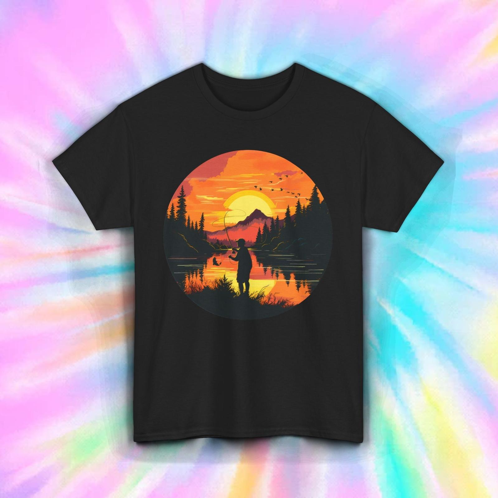 Fishing Shirt Sunset Lake Scene Fisherman Nature Outdoors Graphic Tee S-5XL XXL