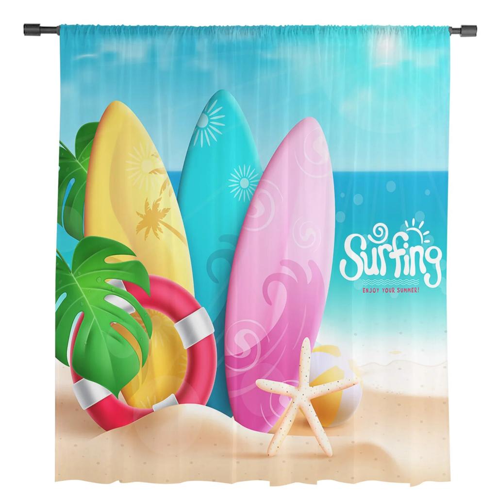Summer Beach Starfish Surfboard Sheer Curtains for Living Room Bedroom Decoration Chiffon Tulle Voile Kitchen Window Curtain