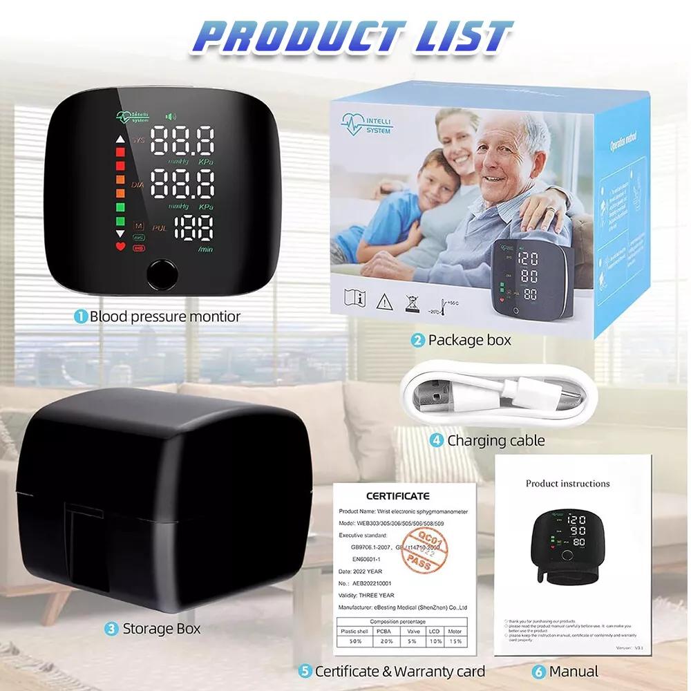 

Умный тонометр на запястье с голосовым отчетом и режимом двух пользователей - память на 198 единиц, перезаряжаемый, трехцветный светодиод