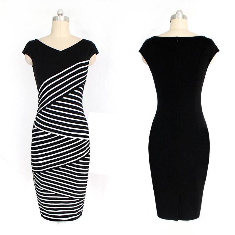 Womens Elegant Fashion Summer V Neck Stripe Party Bodycon Pencil Dress Office