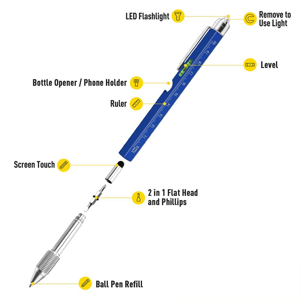 9 in1 Multifunction Ballpoint Pen with Modern Handheld Tool Measure Technical Ruler Screwdriver with LED Light for Carpentry