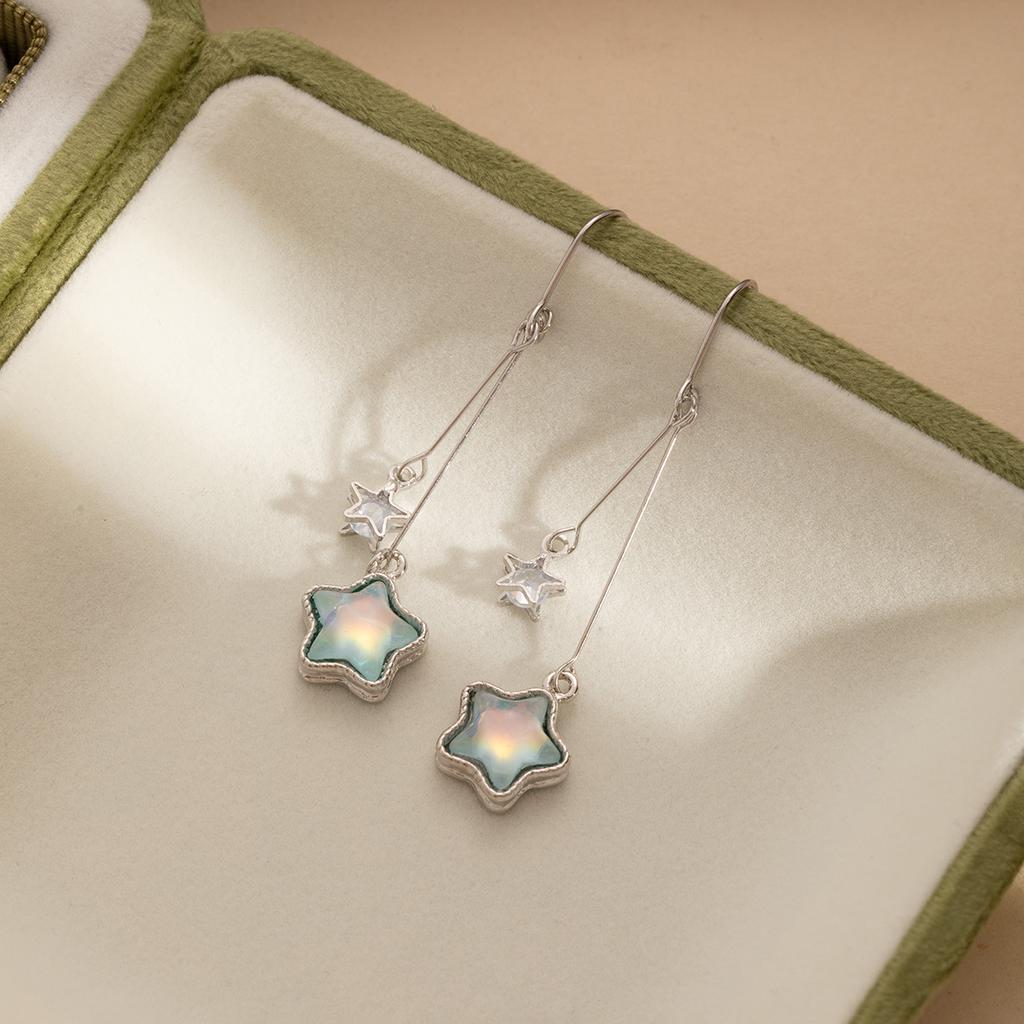Super Fairy Diamond Gradual Change Blue Five-Pointed Star Fringed Earrings Women'S Fashion Temperament Sweet Exquisite Earrings