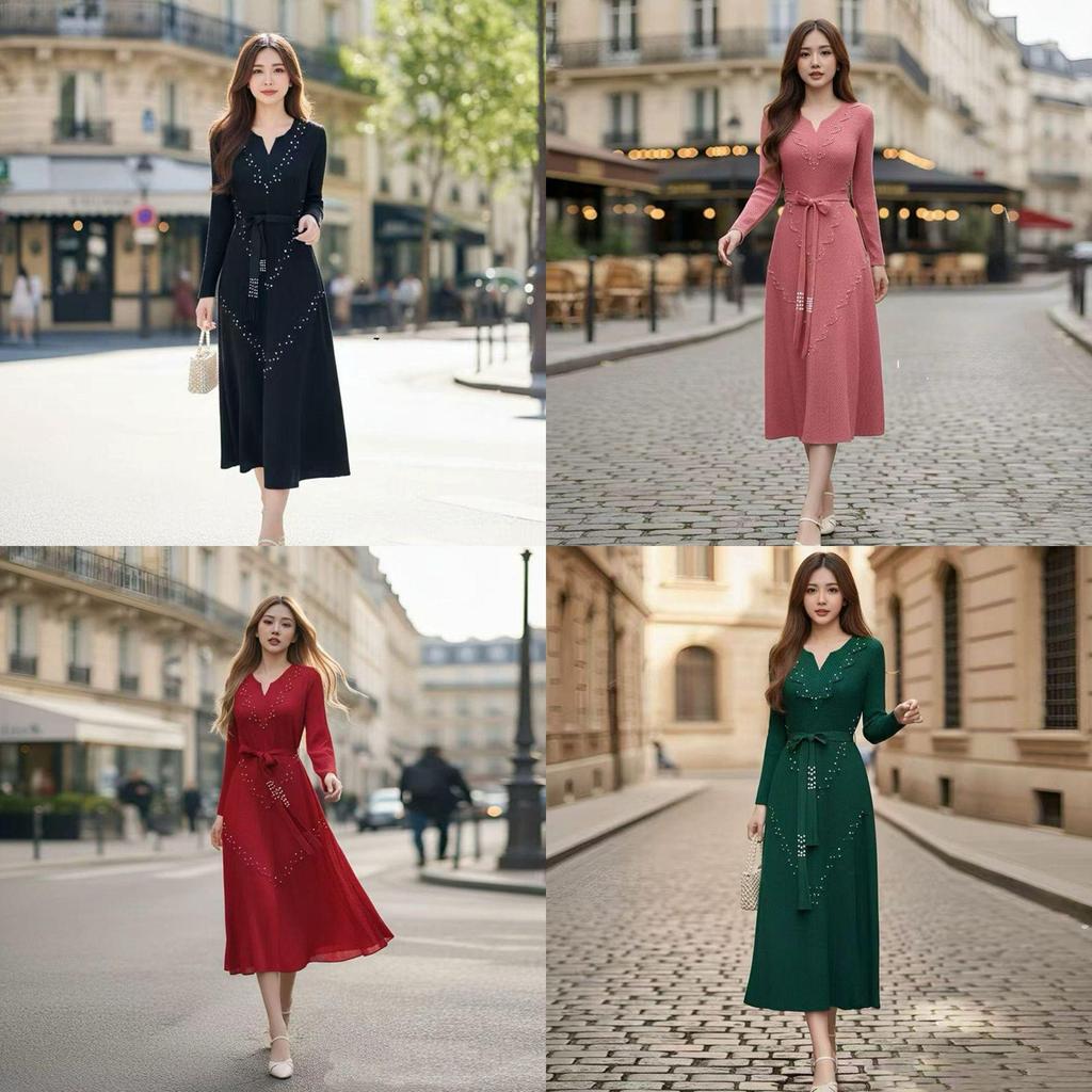Elegant European & American Plus Size Pleated Dress: Waist-Cinching, Slimming, with Stylish Drill Details.