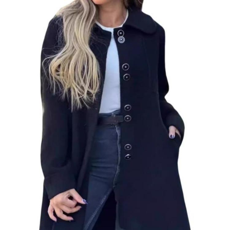 Woolen Women s Casual Loose Fit Solid Color Winter Overcoat Long Sleeves Lapel Jacket Streetwear Daily Wear Coat M чёрный
