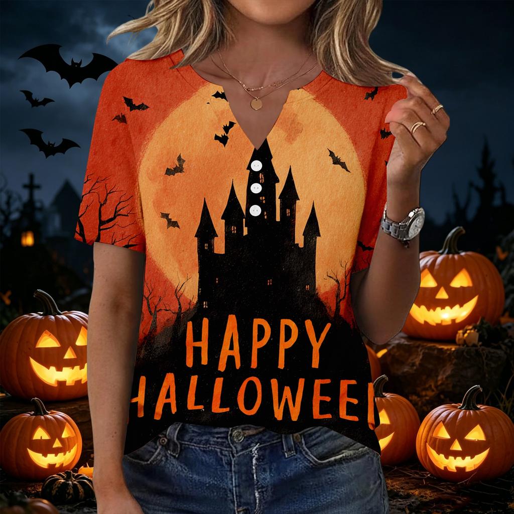 Women's Casual Halloween Print V Neck Short Sleeve Button Front Top Lightweight Comfortable Fit