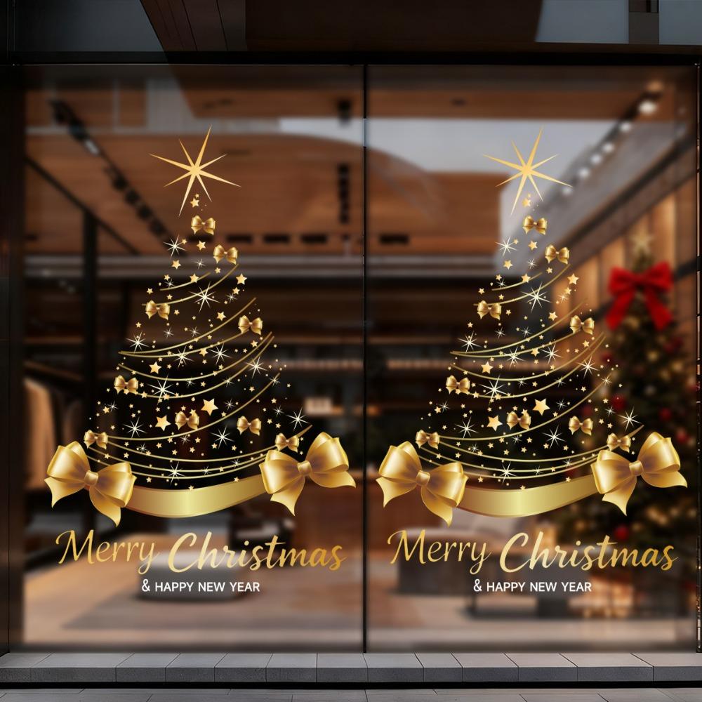 Star Bow Design Golden Christmas Tree Window Stickers Christmas Glass Door Stickers Showcase