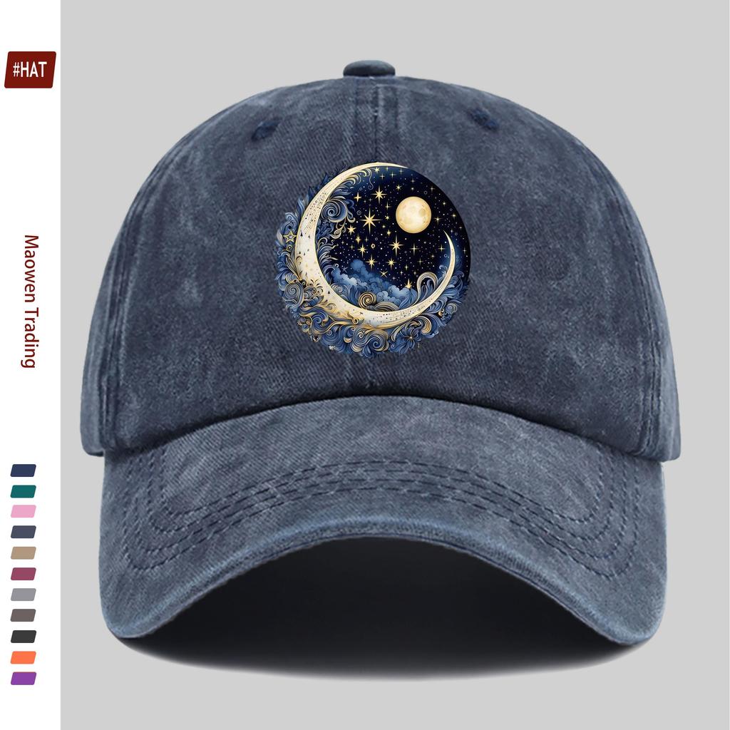 Pc Mysterious IronOn Patch Cosmic Night Sky Design Print Baseball Cap with Stars Swirling Clouds And Crescent Pattern Fash