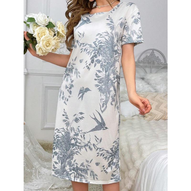 Velká velikost, Kulatý výstřih, Krátký rukáv, Modrý květ meruňky, Domácí oblečení, Noční košile, Šaty, Ležérní, Dámské oblečení s potiskem