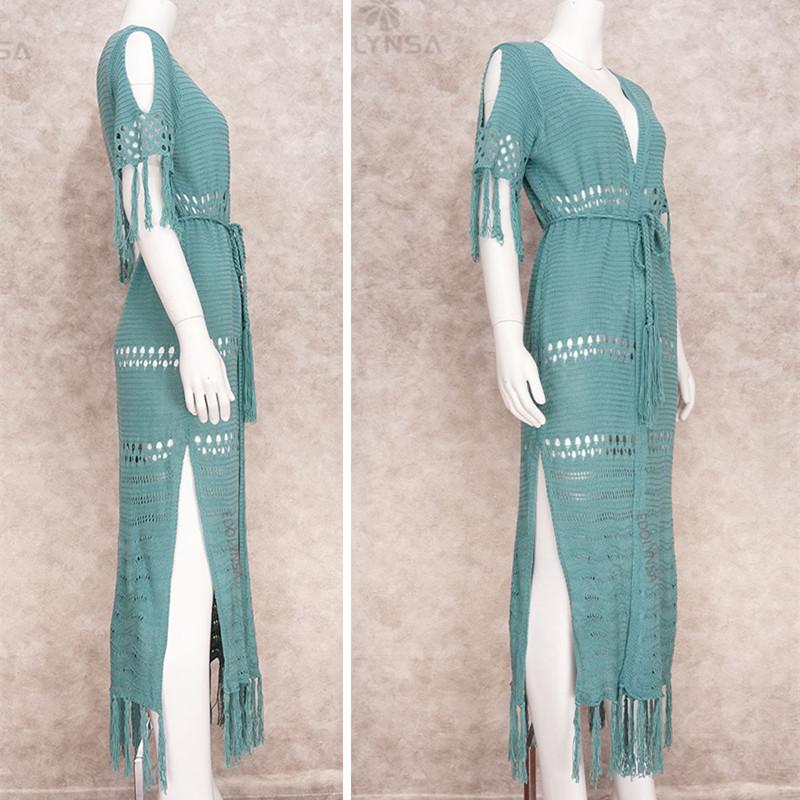 2022 New Knitted Bikini Cover Up Sexy Hollow Fringe Tunic Long Cardigan Casual Short Sleeve Women's Swimwear Cover Up Q451