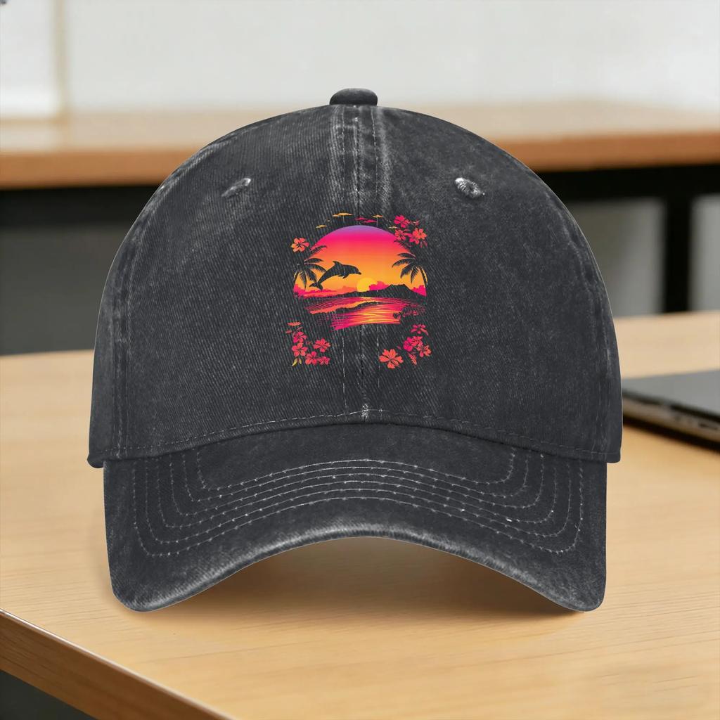 Tropical Sunset Dolphin Pink Beach Scene Casual Baseball Cap For UnisexTeens Summer Hiking Fishing Trucker Hat Baseball Caps