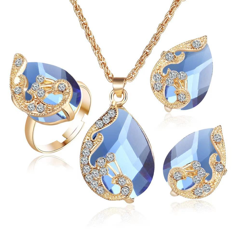 3PCS Peacock Gemstone Lady Jewelry Set Temperament Shiny Crystal Waterdrop Necklace Hoop Earring Ring Gold Color Evening Jewelry