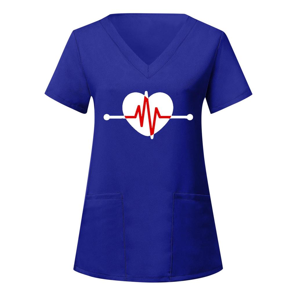 European and American Nurse Caregiver V-Neck Print Shirt with Large Pocket, Short Sleeve T-shirt for Women