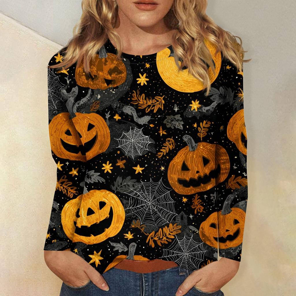 Women's long-sleeved loose-necked Halloween print casual top, suitable for holiday parties