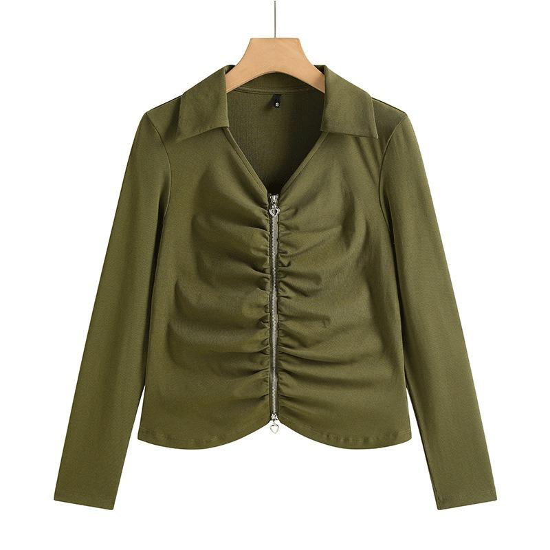 Women's Spring and Autumn T-shirt Lapel Zipper Cotton Pleated Top Fashion Slim Short High Waist Cardigan Long Sleeve Small Shirt