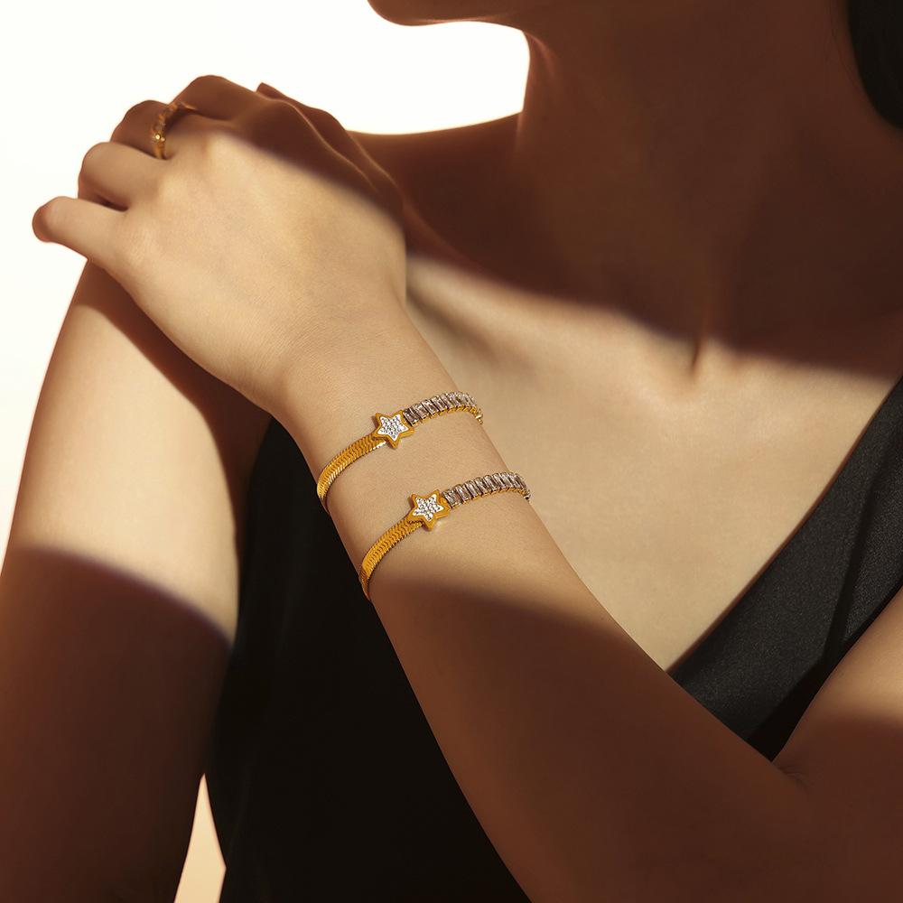 Blade Chain Pentagram Spell Rectangular Zircon Bracelet Light Luxury Titanium Steel Plated 18K Gold Jewelry