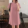 ZANZEA Damen Freizeit Stehkragen Sommer Kurzarm Kleid