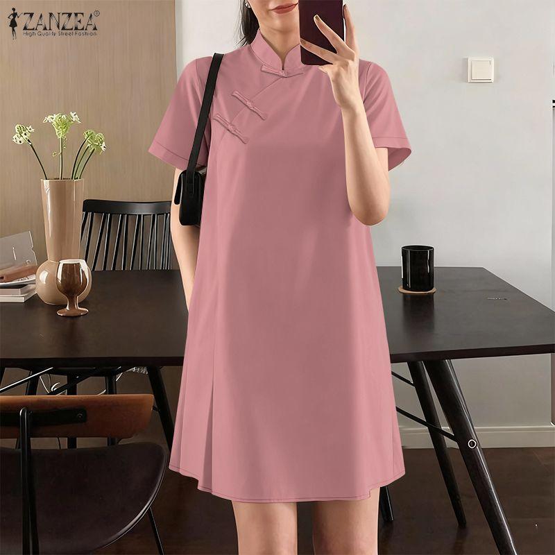 ZANZEA Damen Freizeit Stehkragen Sommer Kurzarm Kleid