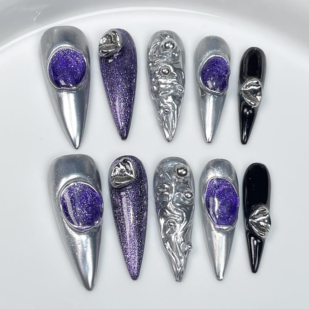 10 Pcs Blue Press On Nails Long Almond Shape With Rhinestone Design Stylish Acrylic Fake Nail Tips Set For Women
