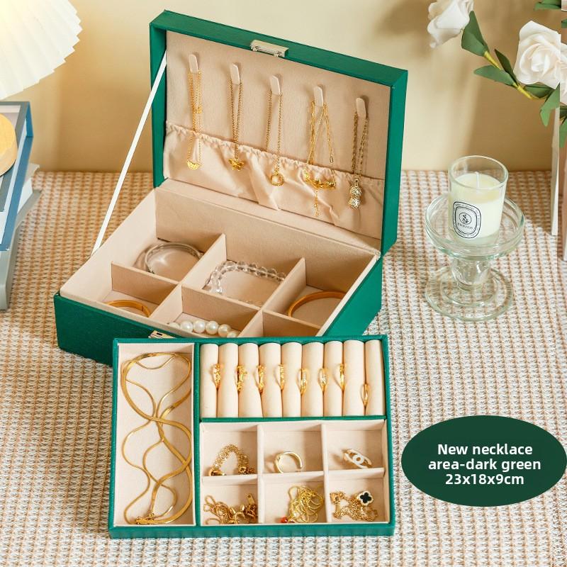 High-end Leather Double-layer Jewelry Box Necklace Ring Jewelry Stud Earrings Display Jewelry Storage Box with Lock