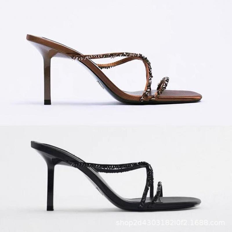 Women's Shoes 2025 New Square Head Rhinestone Beaded Temperament High Heels Open Toe Cross Strap Stiletto Sandals Women's Summer