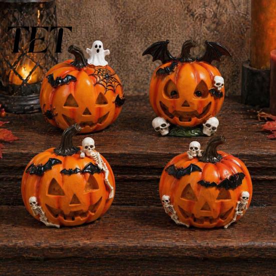 Handcrafted Halloween Props Pumpkin Ghost Bat Skull Figurine, Cute Resin Vivid Skeleton Figurines Tabletop Ornaments for Home Party Shelf Mantels