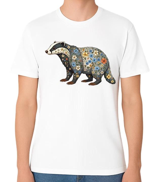 Floral Badger Nature Art Unisex T-Shirt Woodland Animal Tee L