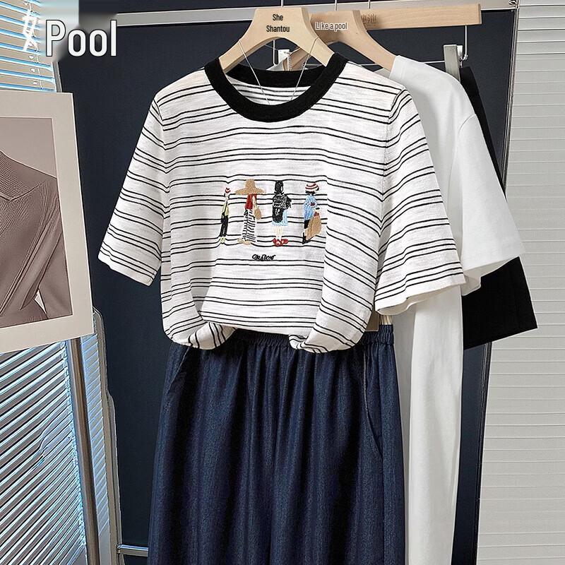 Women s Embroidered Striped Ice Silk Knit T-Shirt S