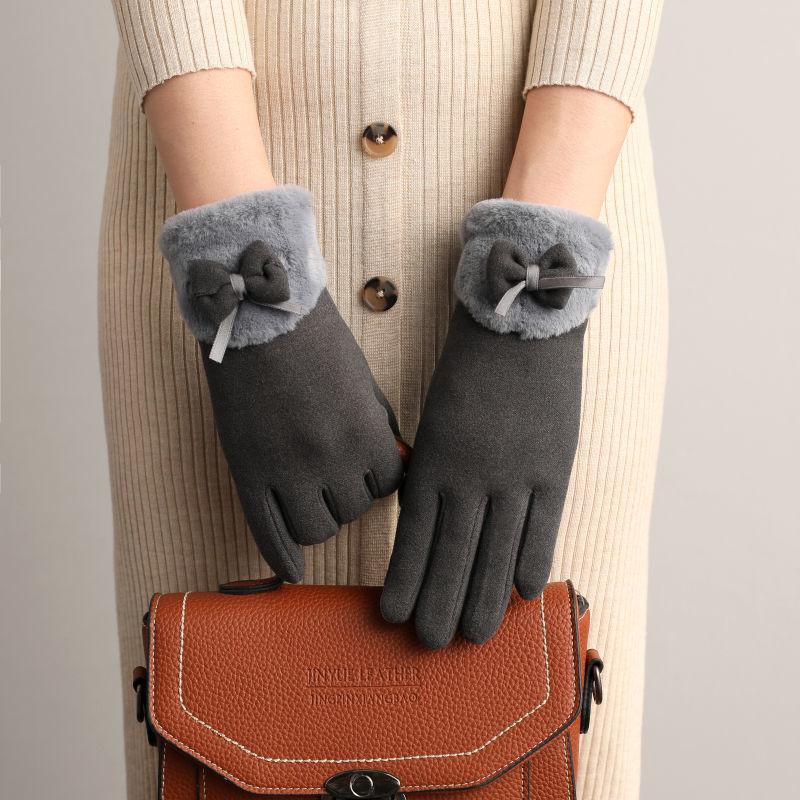 New Female Autumn Winter Non-Inverted Velvet Cashmere Full Finger Warm Lace Gloves Women Cotton Touch Screen Gloves G82