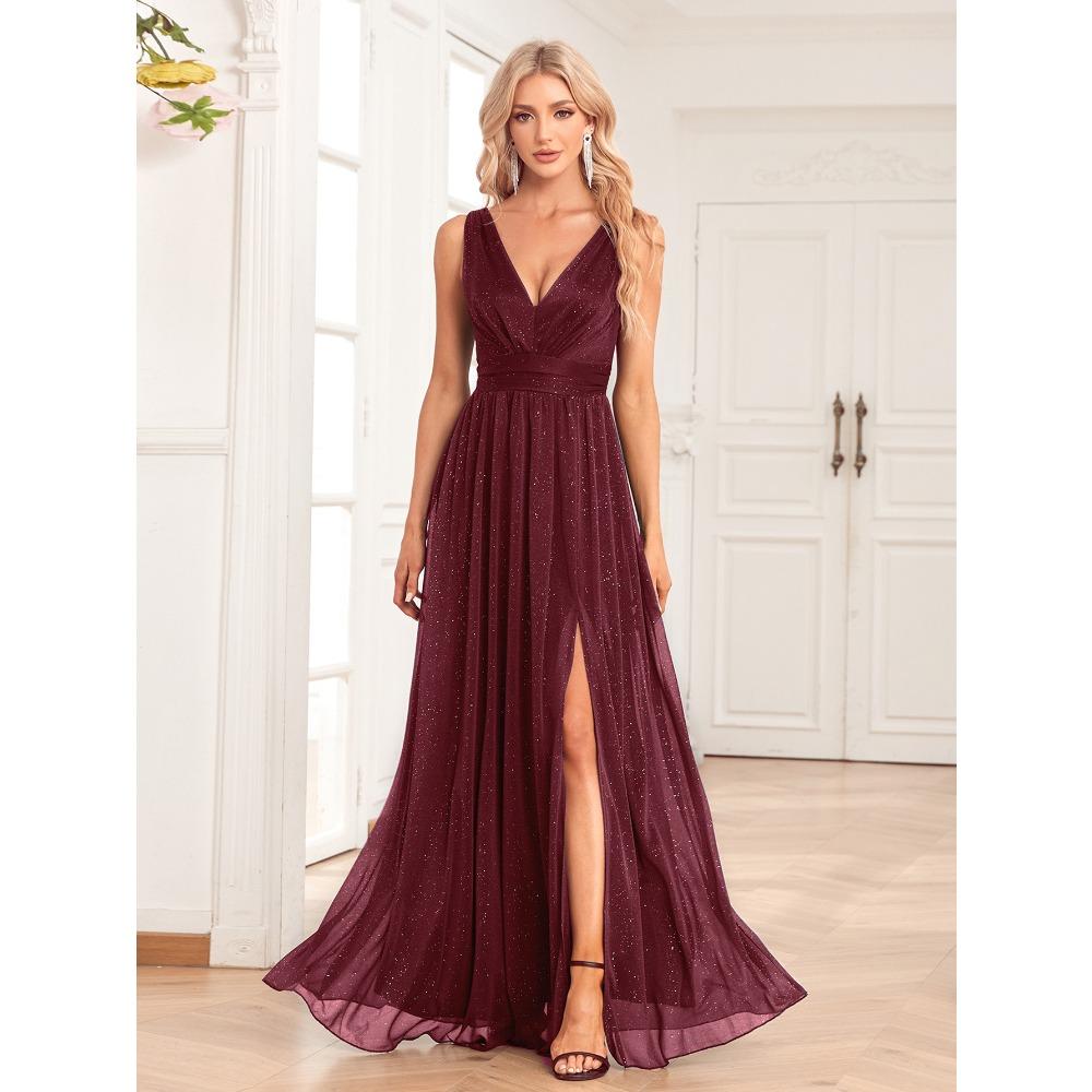 Módní třpytivé šifonové šaty pro družičky s rukávy, dvojitým výstřihem do V, áčkového střihu, s bočním rozparkem a délkou až na zem