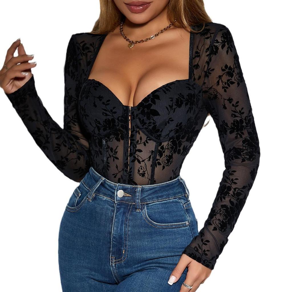 European & American Women's High-End Flocking Print Slim Button-Up Long Sleeved Jumpsuit 60704