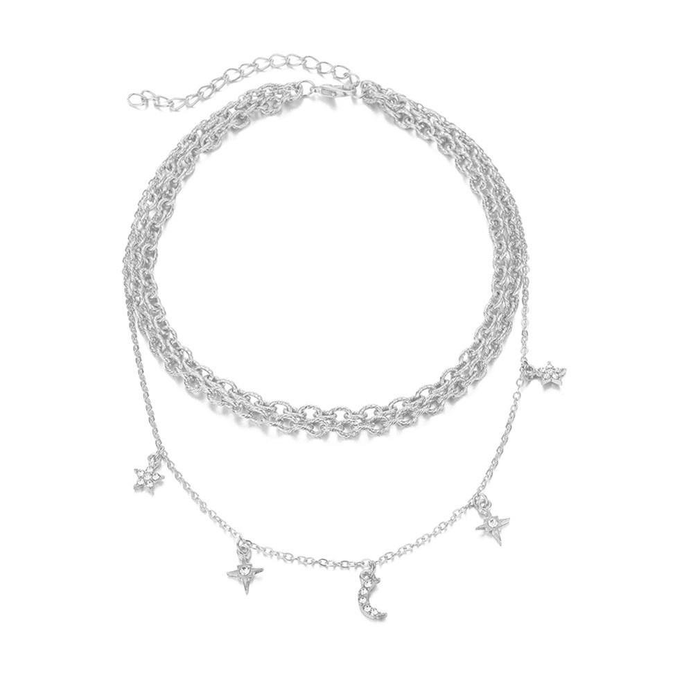 Elegant Alloy Chain Necklace With Eye-catching Moon And Star Pendant For Trendy Looks