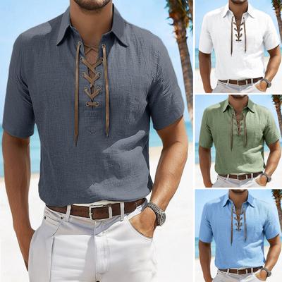 Men's Lace-up V-neck Tee Short Sleeve Lapel T-shirt Solid Color Summer Casual Top for Daily Wear Work Street