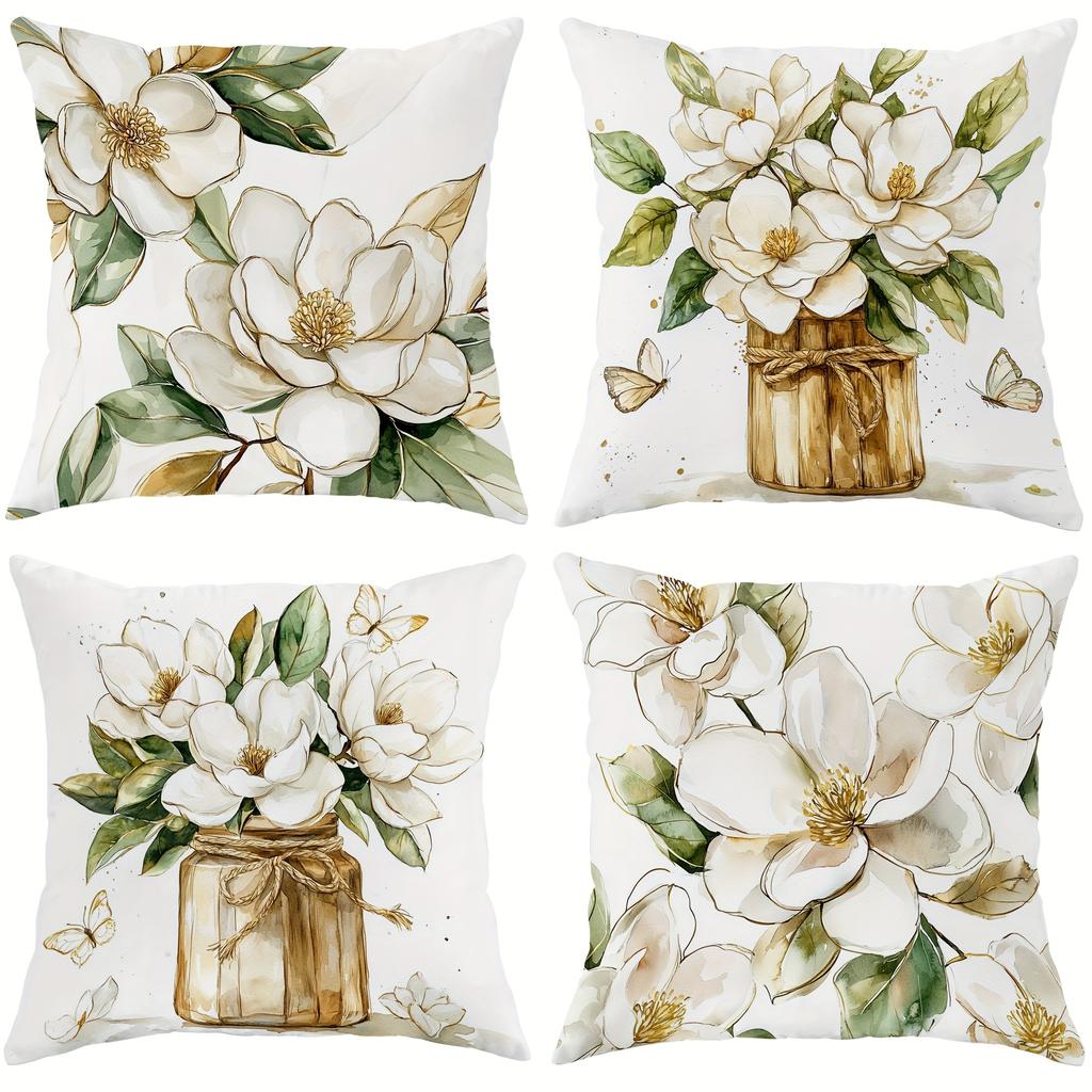 4Pcs Spring Summer Magnolia Butterfly Glass Jar Throw Pillow Covers Farmhouse Rustic Floral Green White Brown Cozy Soft Decorati