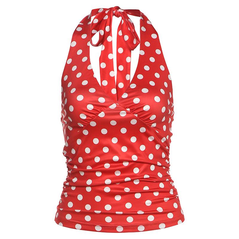

New Polka Dots Halter Neck Tank Tops Women Sexy Low-Neck Vest Slim Fit Off Shoulders Backless Short Tops Street Fashion Sexy Ruched Elegant Outfits L червоний