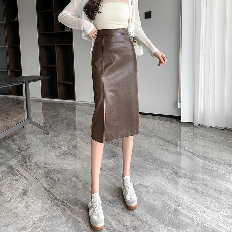 2024 Autumn/Winter High-Waisted PU Leather Bodycon Midi Pencil Skirt
