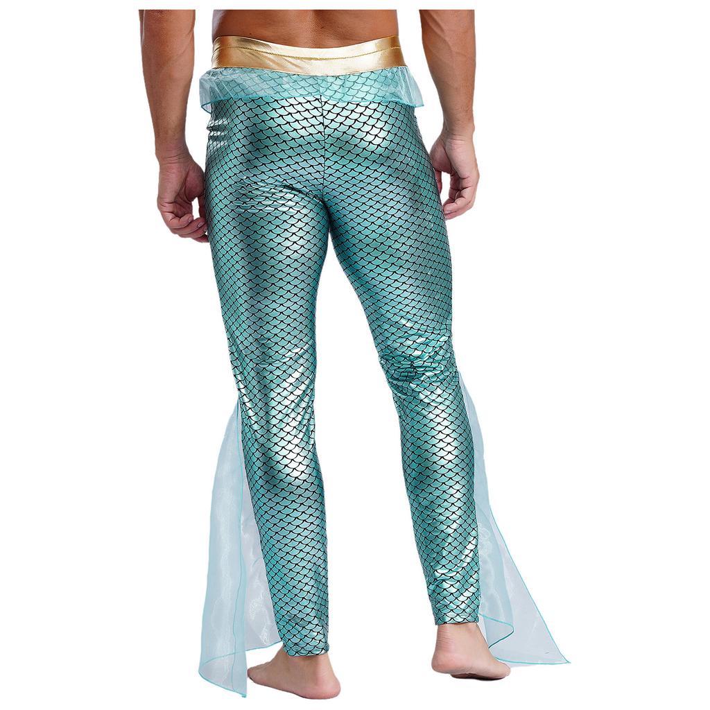 Men's Fishscale Print Leggings - Shiny Mermaid Pants with Elastic Waist for Halloween & Sea King Cosplay