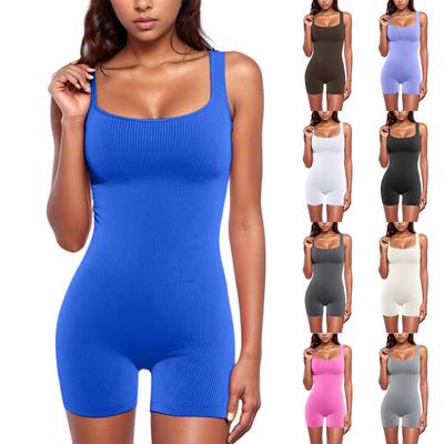 Damen Ärmelloser Tanktop Jumpsuit Gerippter Eckiger Ausschnitt Hüftlifting Schlank Sexy Shorts Jumpsuit