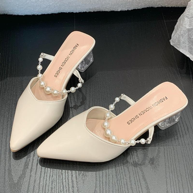 Fashion Women's Fashion Baotou Sandals Summer New Pointed Head Shallow Mouth Bead A Slip-on Wear Resistant Square Slippers With