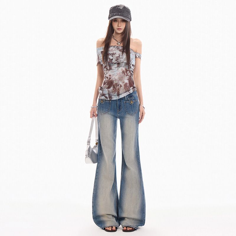 Spring Summer Hand Sand Enzyme Wash Stretch Blue Slim Micro Flare Denim Pants For Women Casual Pants Oversize Denim Trousers