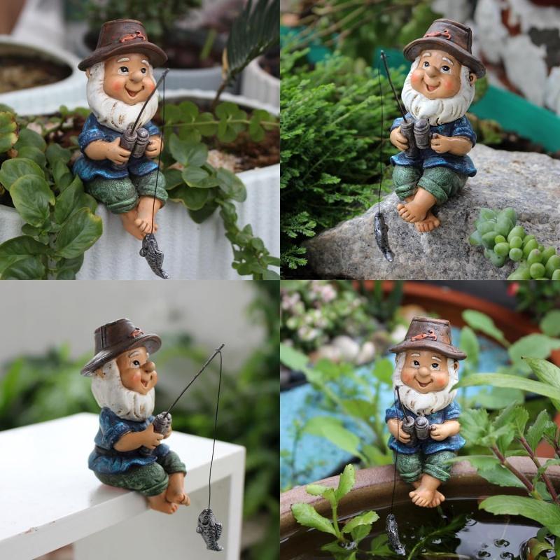 Fishing Gnome Statue Figurine Resin Dwarf Sculpture Home Garden Decor Ornament