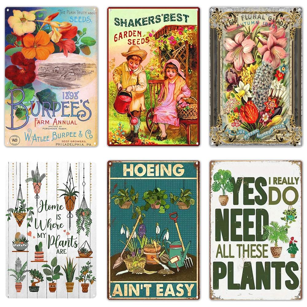 Vintage plechová cedule zahradnictví, retro cedule Funny Plants pro zahradu, venkovní nástěnná dekorace, cedule Home Sweet Home