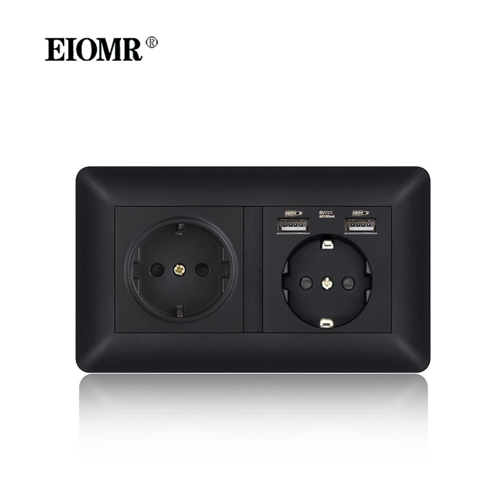 EIOMR EU Outlet with Usb Type-c Charging Port Black Curved Flame Retardant PC Panel 86mm Single Socket and 146mm Double Socket