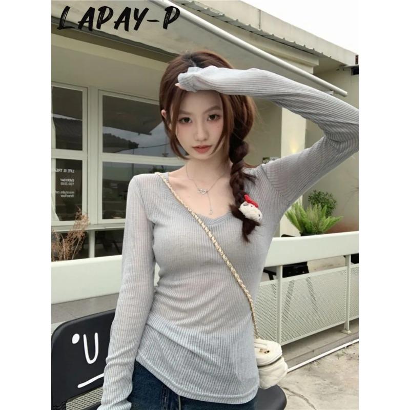 

Hot Girl Sexy Thin Slightly See-through V-neck Long-sleeved T-shirt Women s Autumn New Pure Desire Sunscreen S серый
