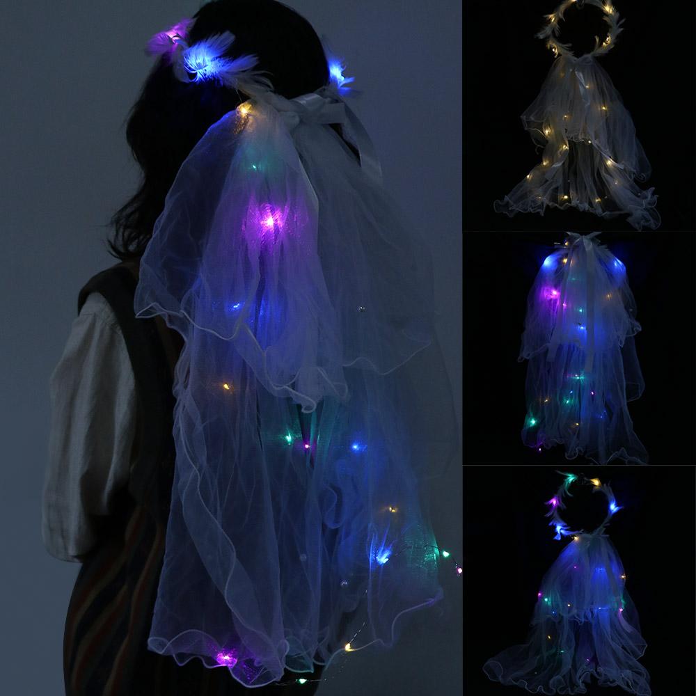 Feather White Veil Bridal LED Light Bride Veil Korean Bride Headwear Headbands Women Wedding Veil