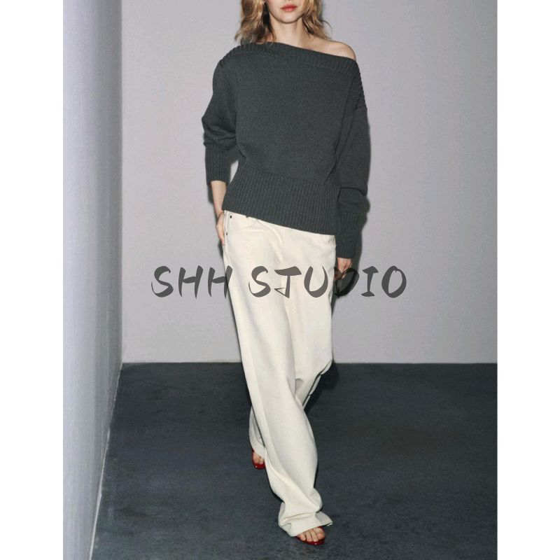 Fall New Women's Clothing French Rib Closing Pure Color Loose off Shoulder Long Sleeves Knitwear 6771139