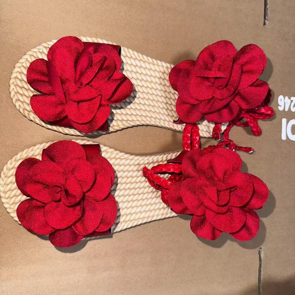 Comemore Summer Female Beach Sandals Outer Wear Thick Bottom Shoes Large-sized Ankle Lace-up Roman Flower Sandales for Women